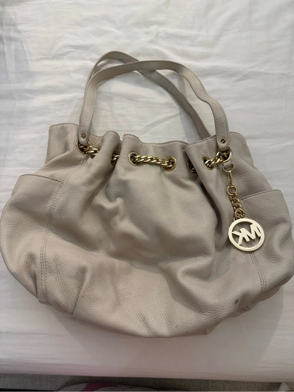 Michael Kors Off-White Pebbled Leather Drawstring Shoulder Bag | Gold Hardware